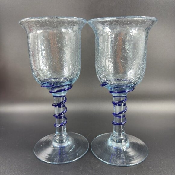 Hand Blown Crackle Glass Goblet Drinking Glasses Set 2 Clear Blue Swirl Goblets - Picture 10 of 12